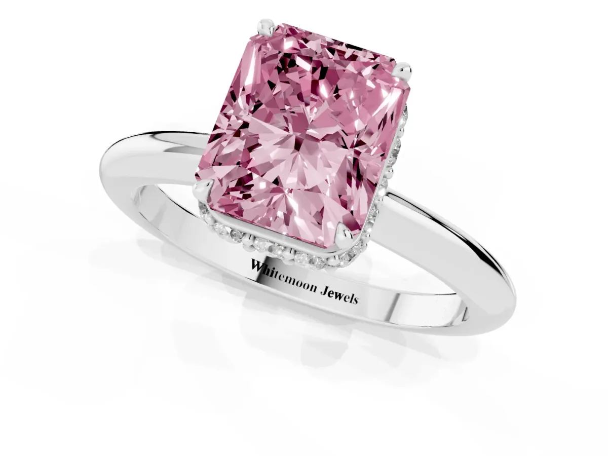 Fancy Pink Radiant Cut Brilliant Solitaire Engagement Ring with Six-Prong Setting and Classic Band Silver
