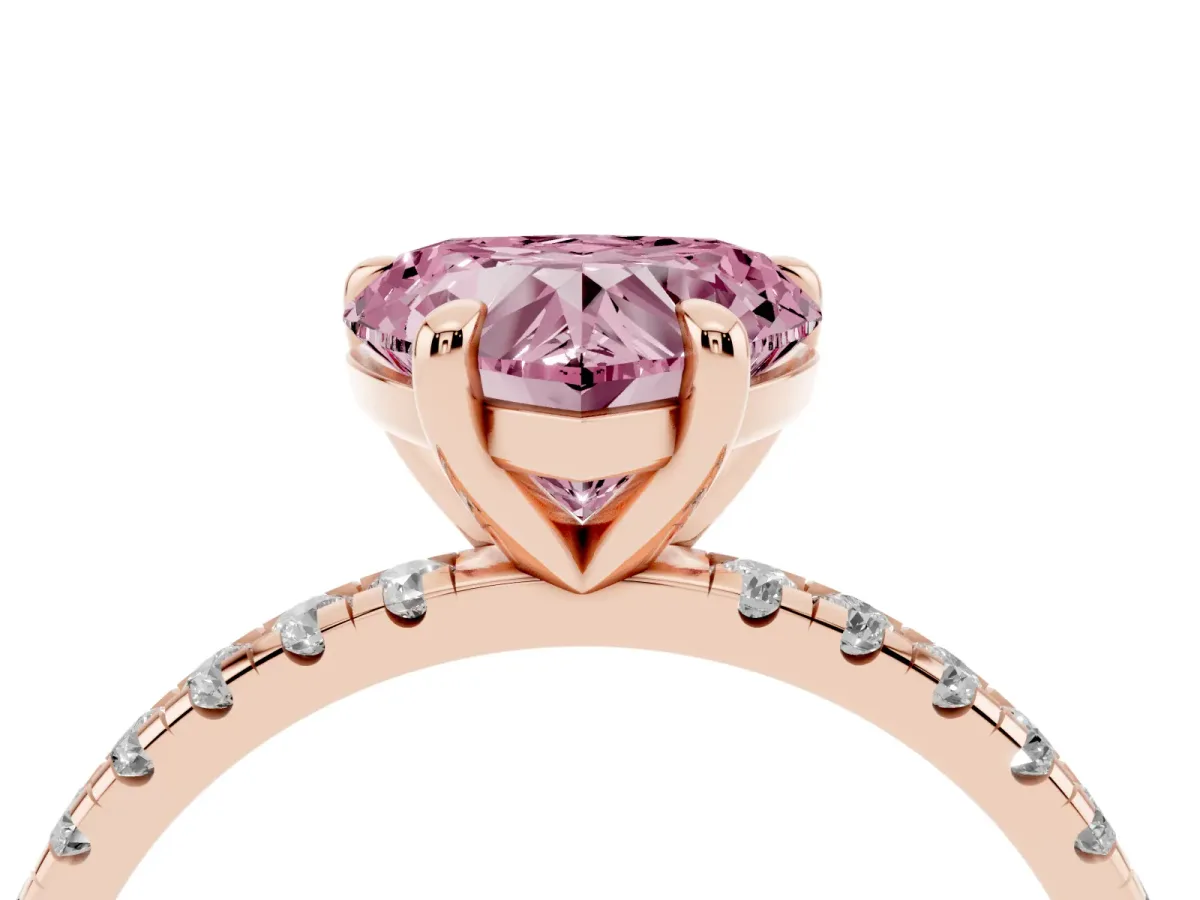 Fancy Pink Heart Cut Diamond Brilliant Solitaire Ring with Pavé Band and Four-Prong Setting Rose gold