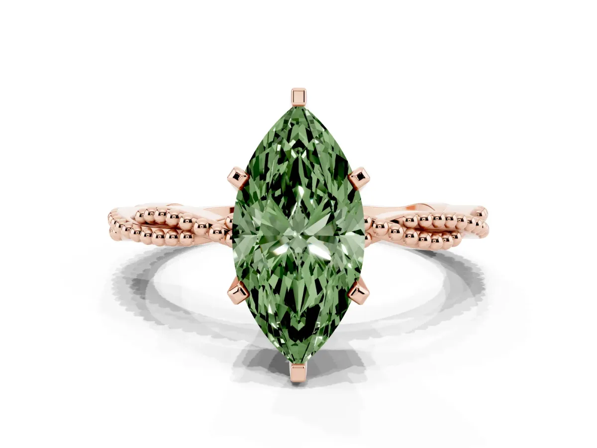 Fancy Green Marquise Cut Solitaire Twisted Band with Bead Prong Setting Rose gold