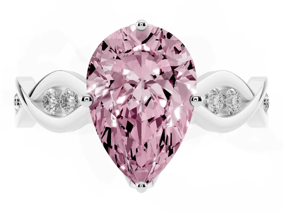 Fancy Pink Pear Cut Solitaire Twist Band with Leaf Prong Setting Platinum