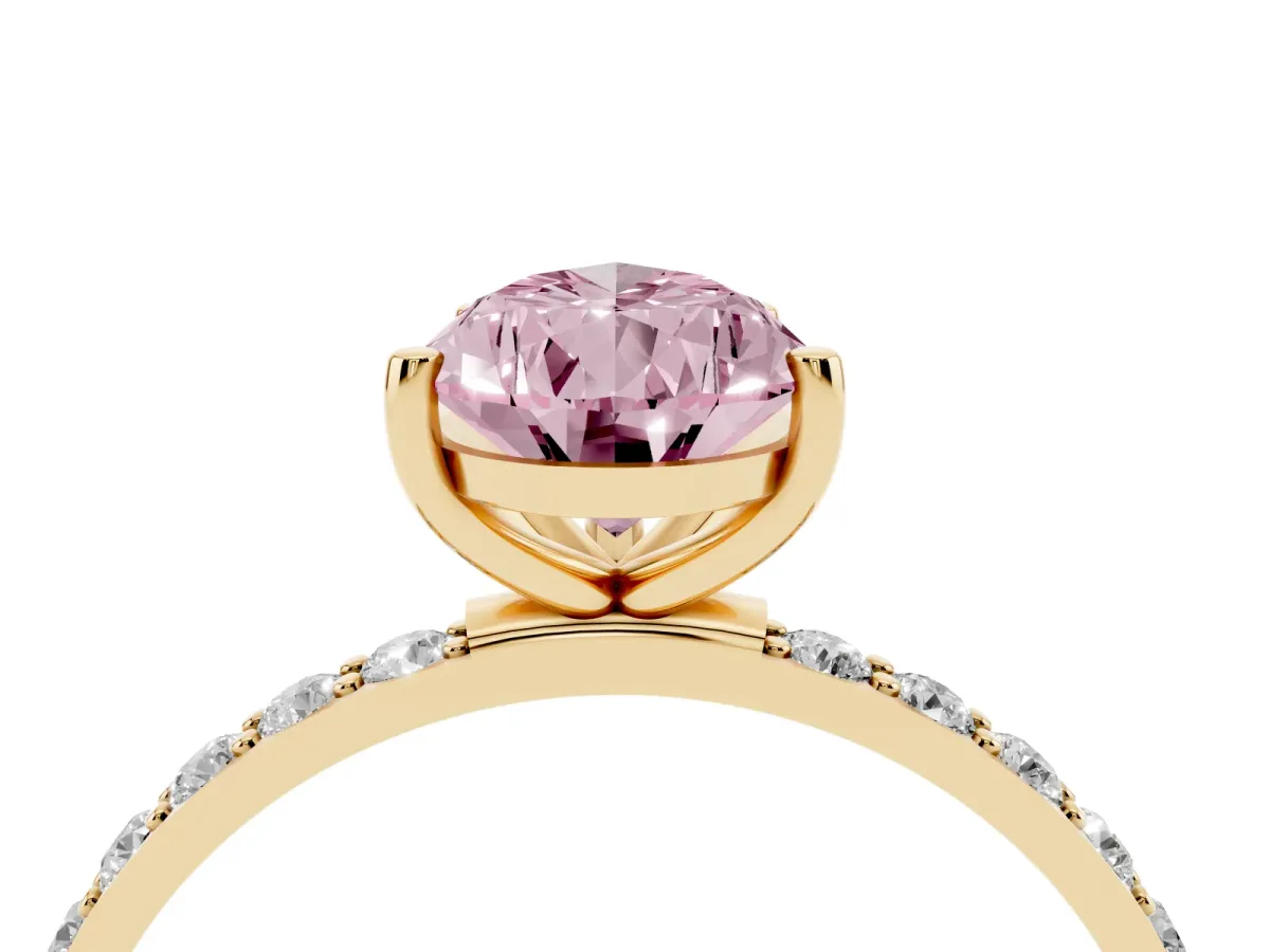 Fancy Pink Pear Cut Diamond Solitaire Ring with Round Pavé Shoulders and Prong Setting Yellow gold