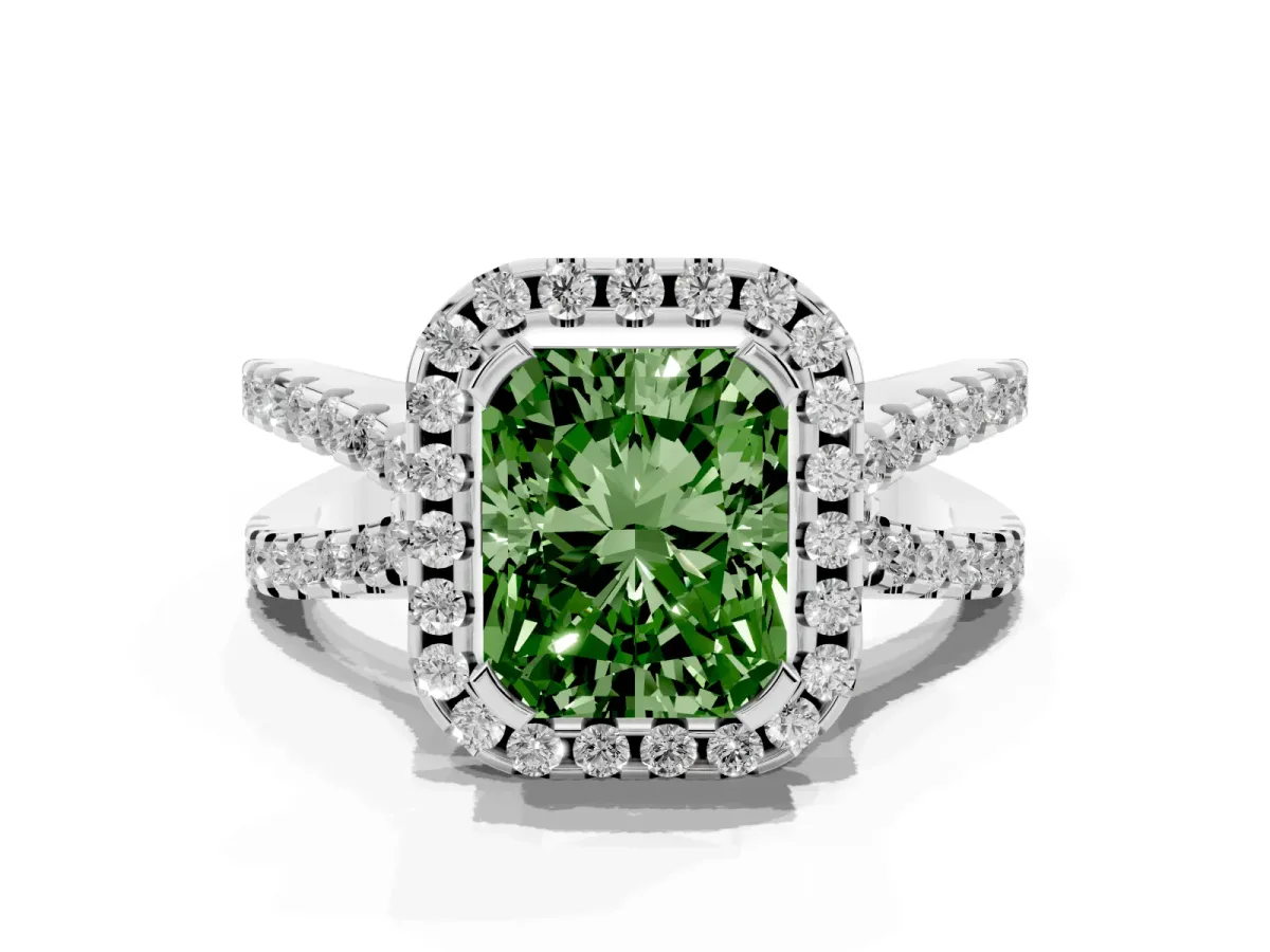 Fancy Green Radiant Cut Diamond Halo Ring with Split Shank Pavé Band and Prong Setting Silver
