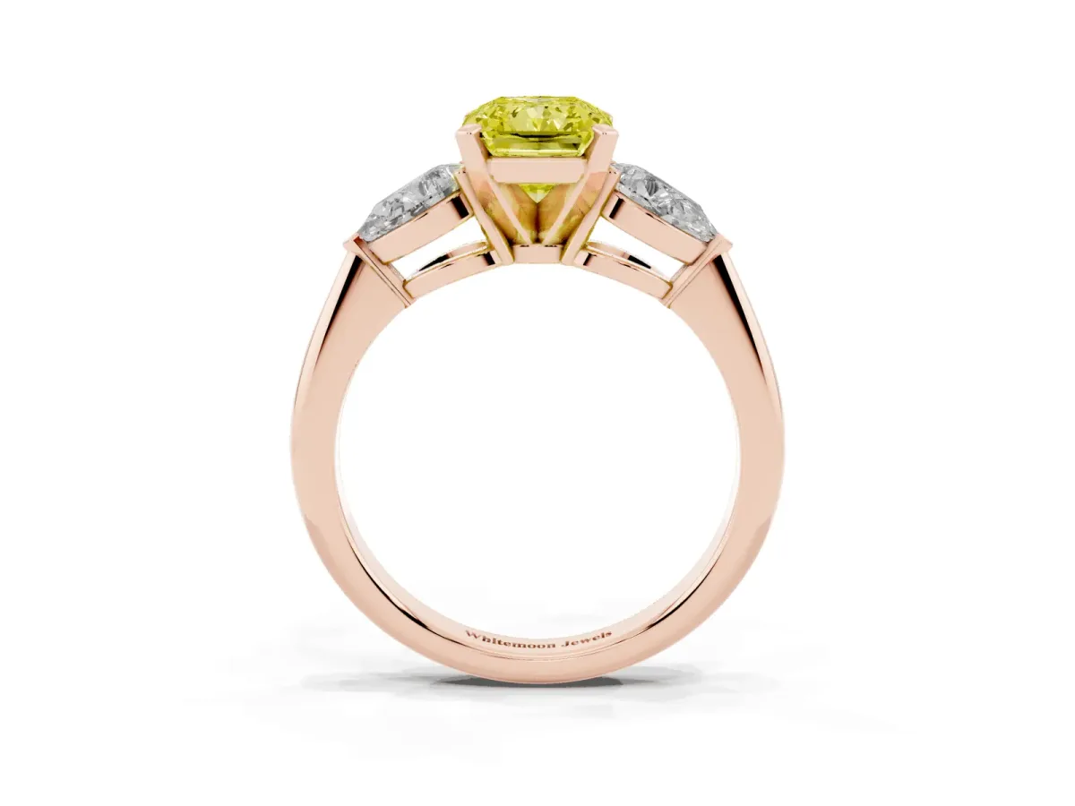 Fancy Yellow Three-Stone Radiant Cut Diamond Ring with Pear Side Stones and Four-Prong Setting Rose gold