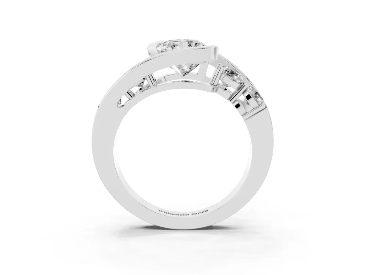 Bezel Set Cushion Cut Diamond Bypass Ring with Round Accents Silver