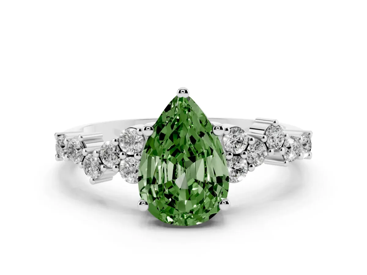Fancy Green Pear Cut Diamond Scattered Round Accent Ring with Prong Setting Platinum