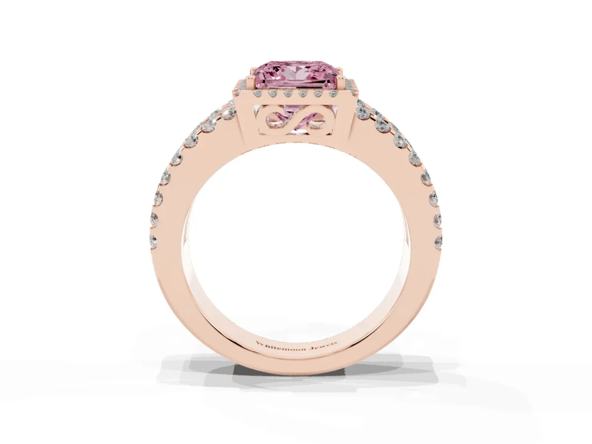 Fancy Pink Princess Cut Cut Halo Split Shank Diamond Ring with Four-Prong Setting Rose gold