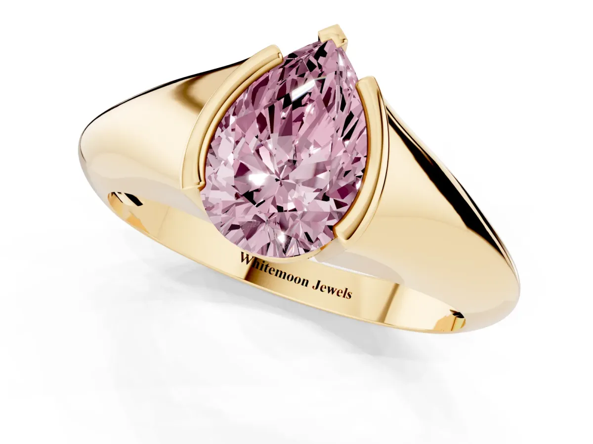 Fancy Pink Pear Cut Solitaire Tension Set Diamond Ring Yellow gold