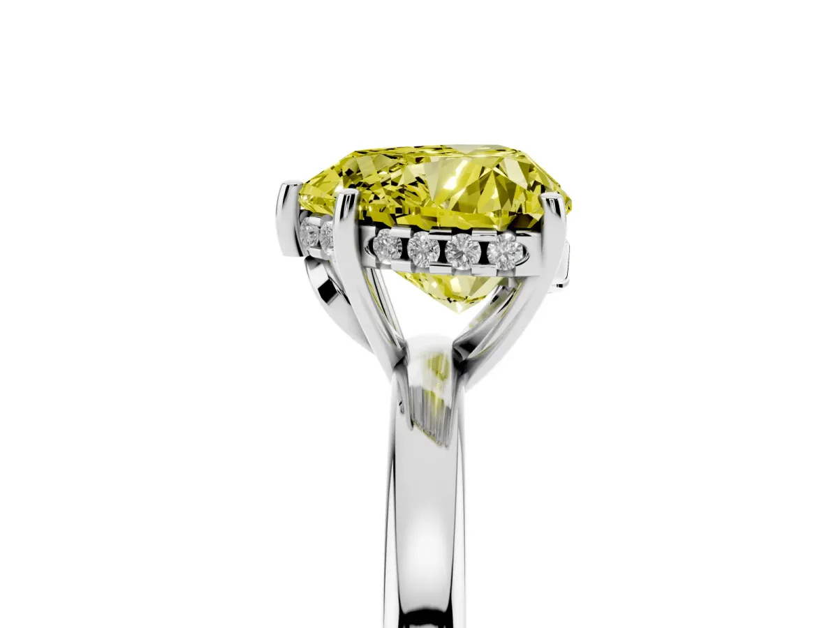 Fancy Yellow Heart Cut Solitaire Diamond Ring with Prong Setting and Plain Band Platinum