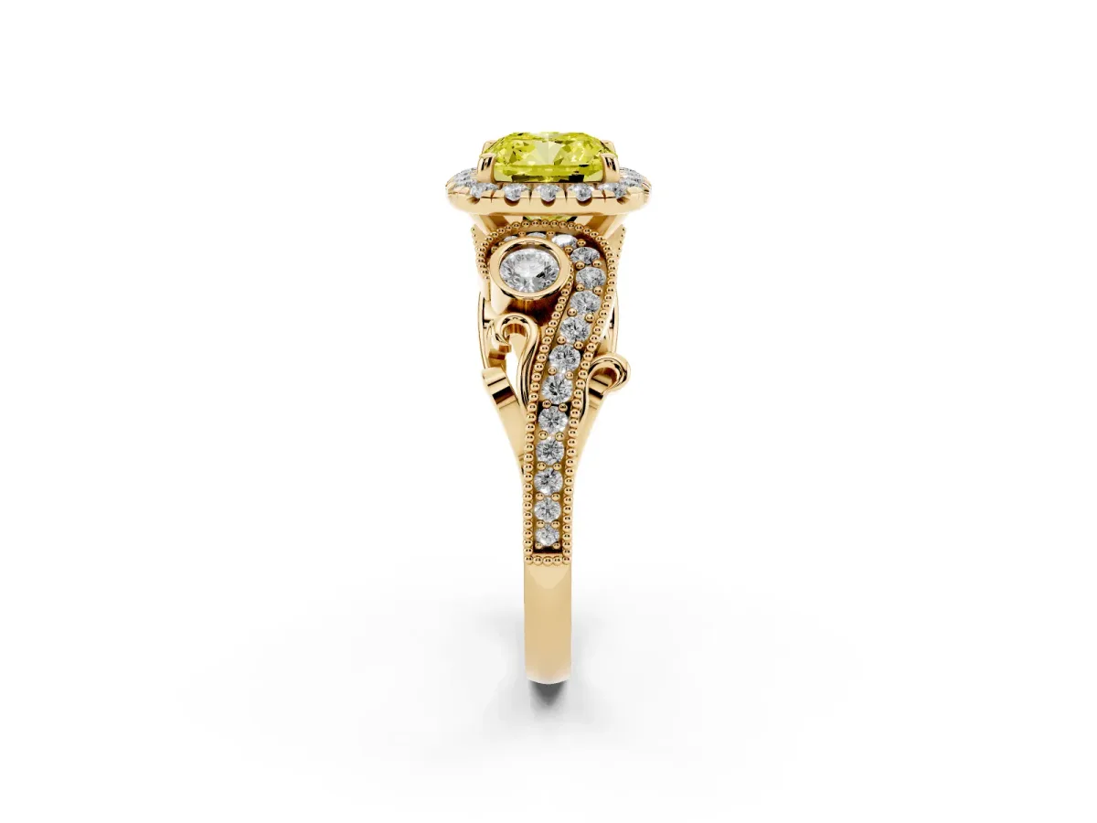 Fancy Yellow Cushion Cut Diamond Halo Ring with Milgrain Pavé Band and Four-Prong Setting Yellow gold