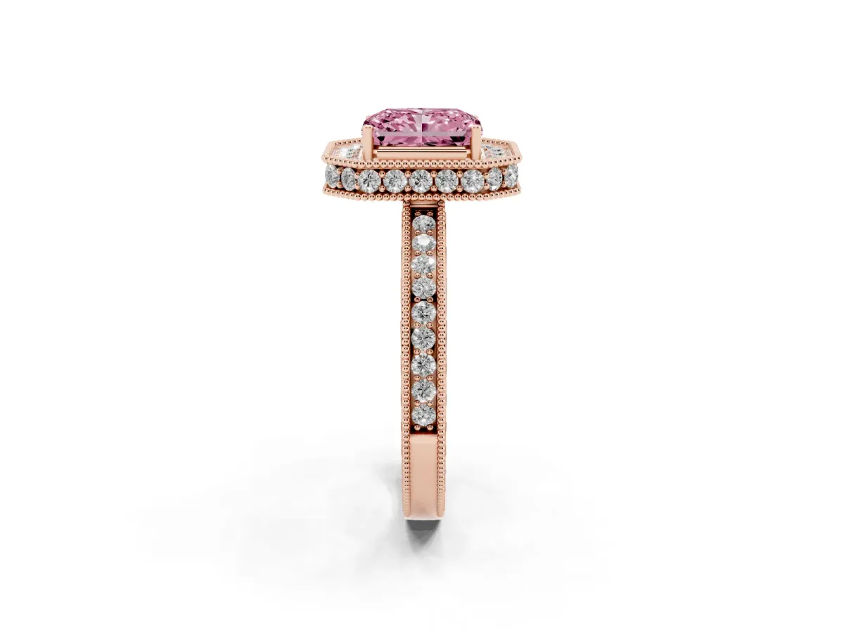 Fancy Pink Radiant Cut Diamond Milgrain Halo Engagement Ring with Round Pavé Band and Prong Setting Rose gold