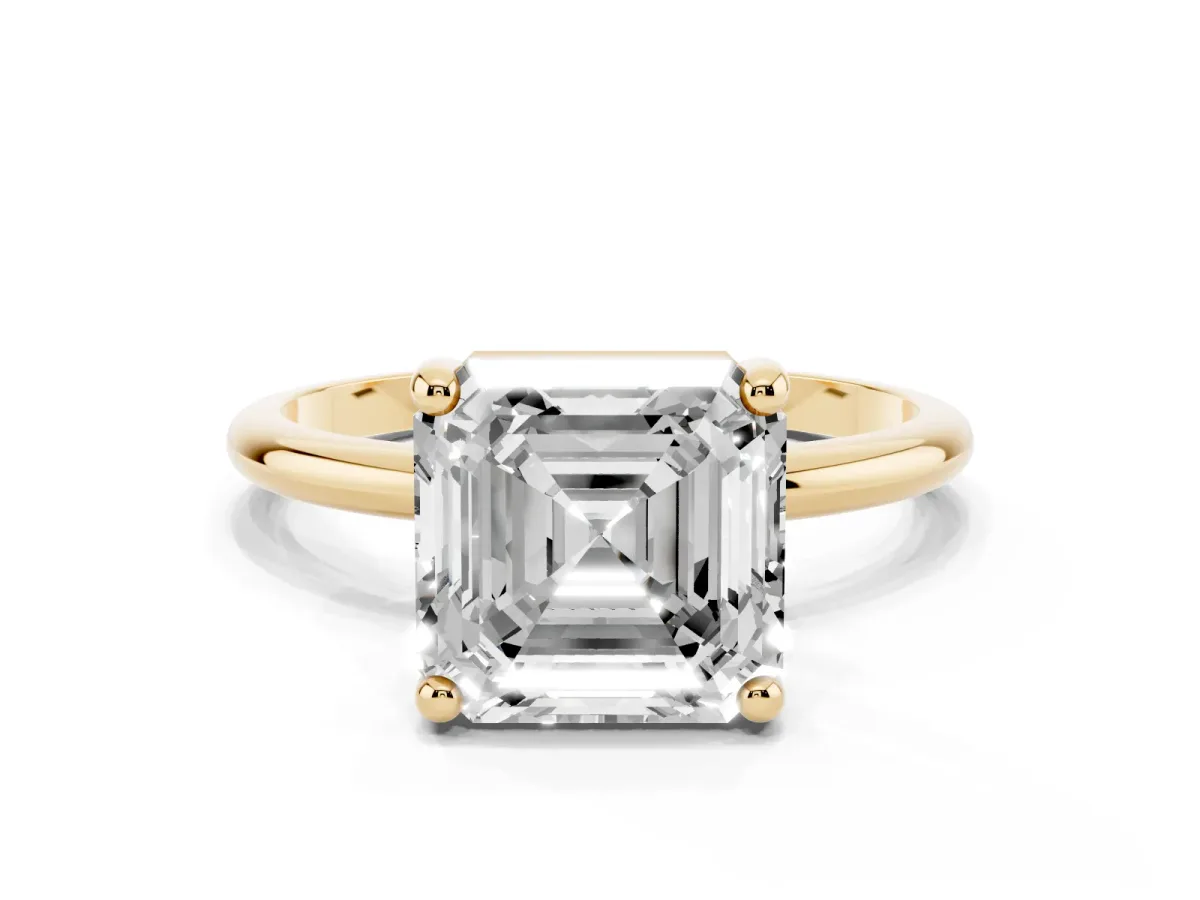 Asscher Cut Solitaire Diamond Ring with 4-Prong Setting on a Classic Band Yellow gold