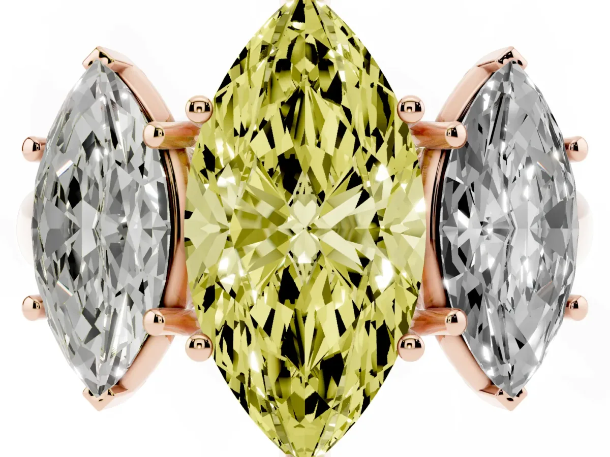 Fancy Yellow Three-Stone Marquise Cut Diamond Engagement Ring with Prong Setting Rose gold