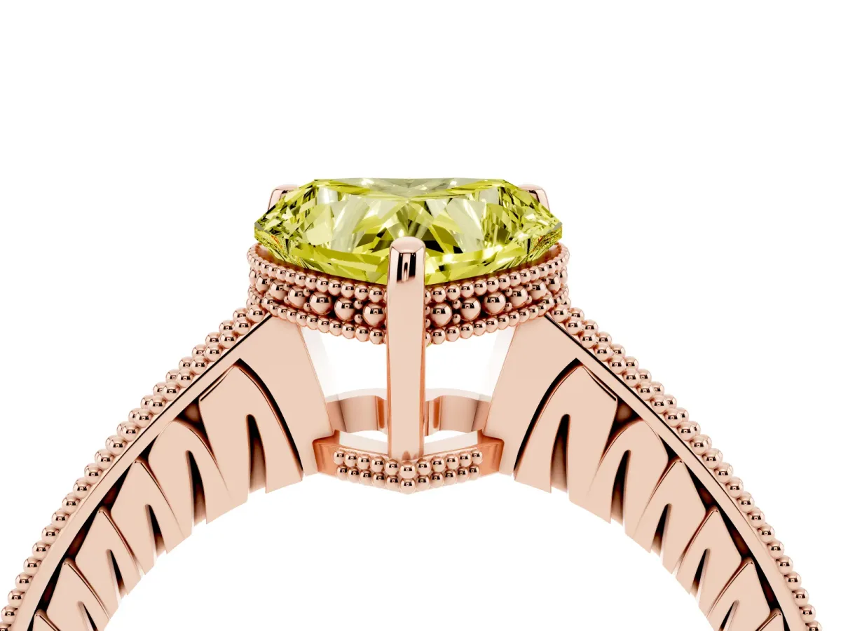 Fancy Yellow Heart Cut Solitaire Pavé Diamond Milgrain Engagement Ring with Four-Prong Setting Rose gold