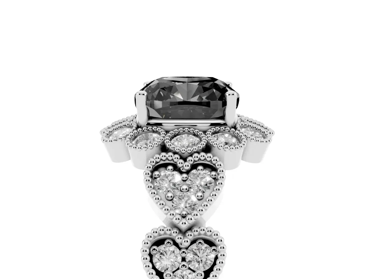 Fancy Black Cushion Cut Brilliant Milgrain Pave Heart Band Solitaire Ring Silver