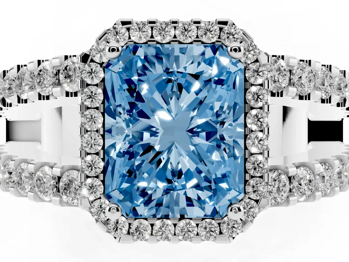 Fancy Blue Radiant Cut Cut Halo Split Shank Diamond Ring with Four-Prong Setting Platinum