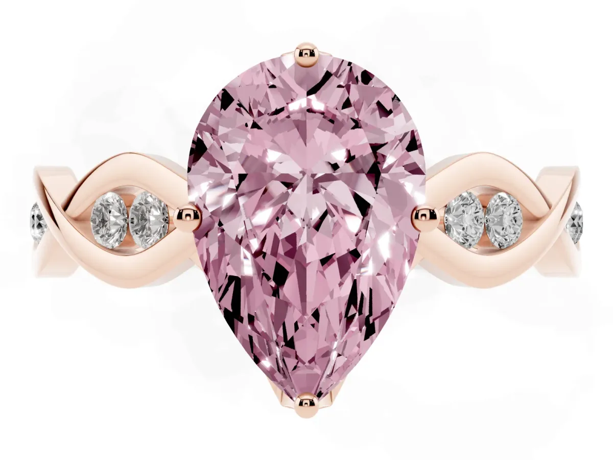 Fancy Pink Pear Cut Solitaire Twist Band with Leaf Prong Setting Rose gold