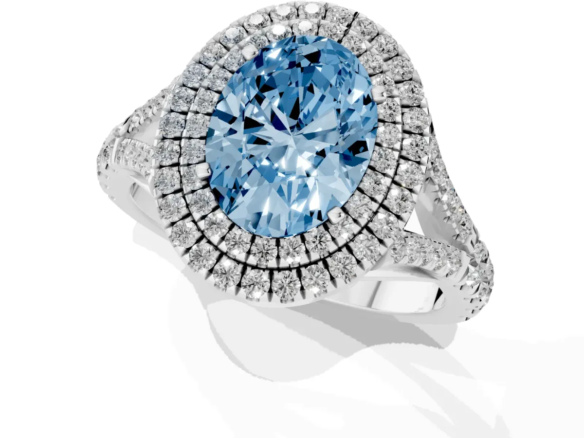Fancy Blue Oval Cut Cut Double Halo Split Shank Diamond Ring with Prong Setting Silver
