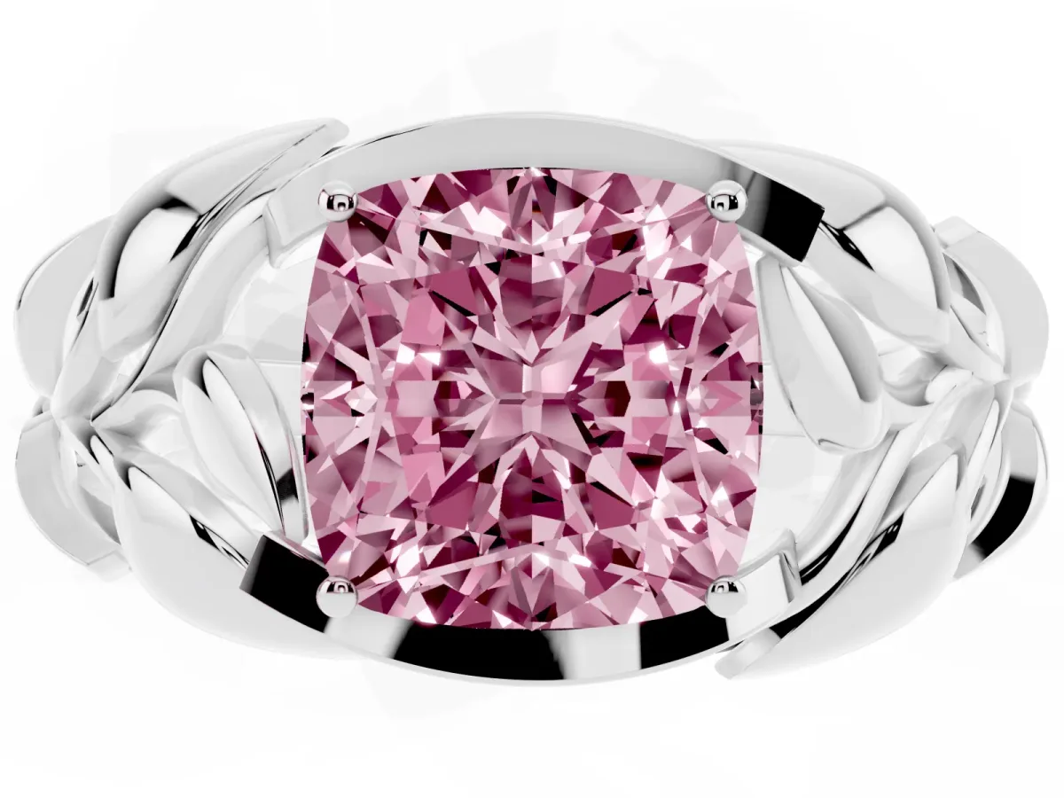 Fancy Pink Cushion Cut Diamond Leaf-Inspired Engagement Ring with Round Accents and Prong Setting Platinum