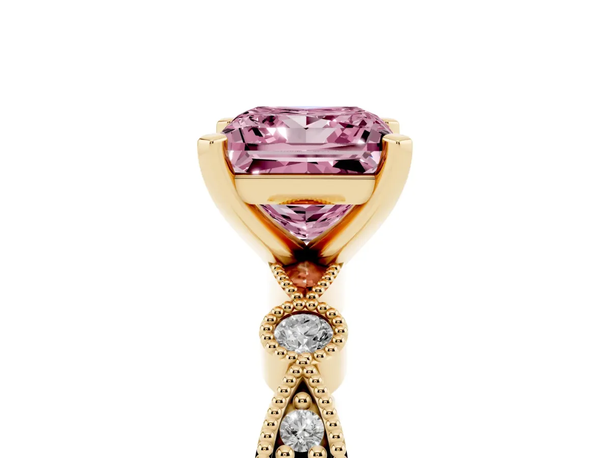 Fancy Pink Princess Cut Milgrain Bezel Diamond Engagement Ring with Solitaire Prong Setting Yellow gold