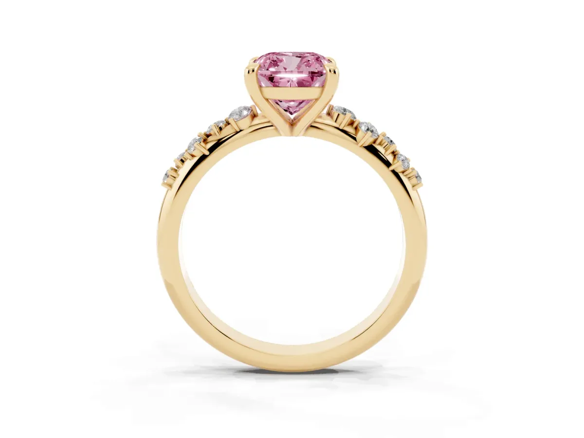 Fancy Pink Cushion Cut Cut Diamond Vine Band with Four-Prong Setting Yellow gold