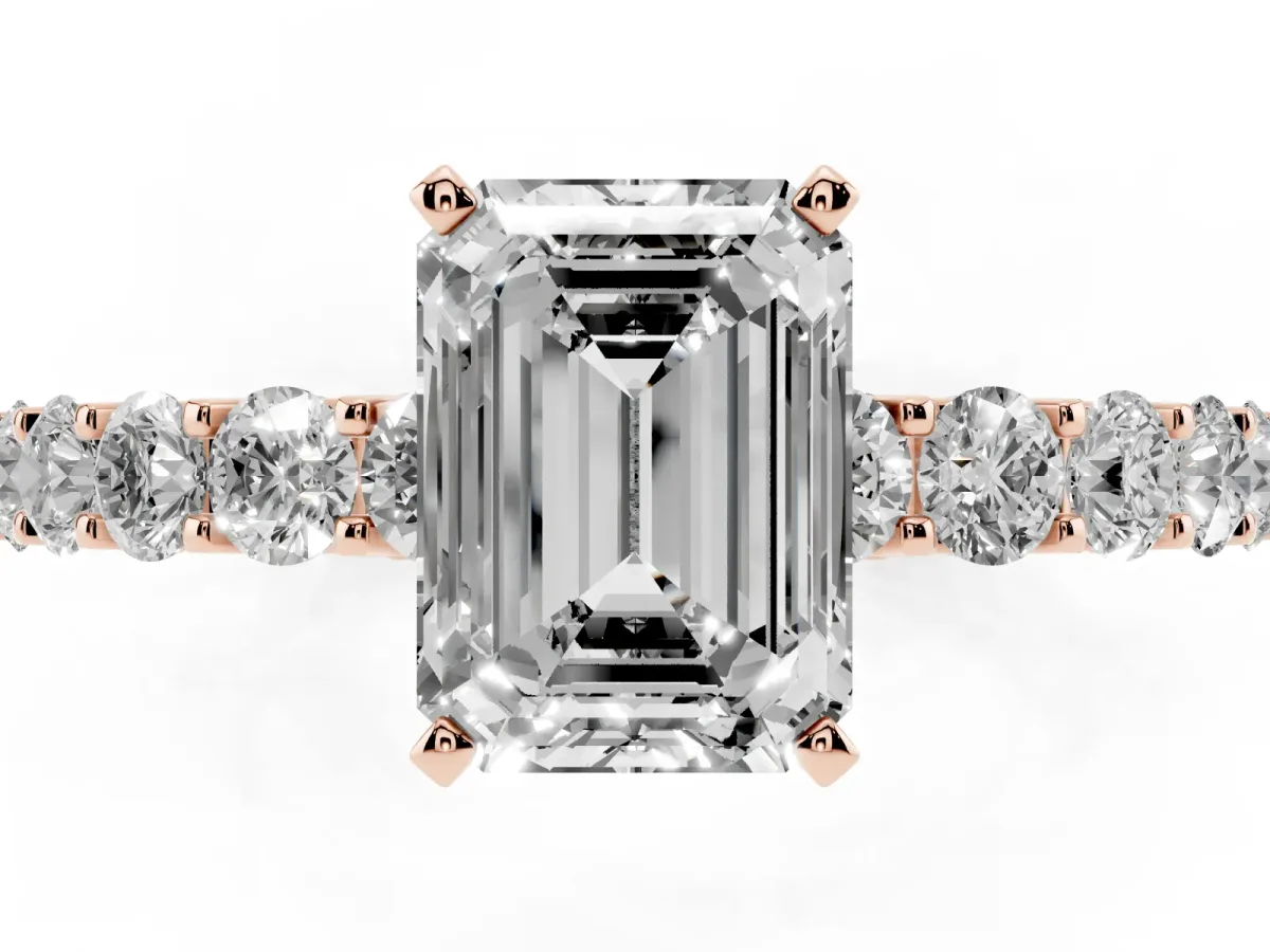 Emerald Cut Diamond Solitaire Ring with Shared Prong Pavé Band and Four-Prong Setting Rose gold