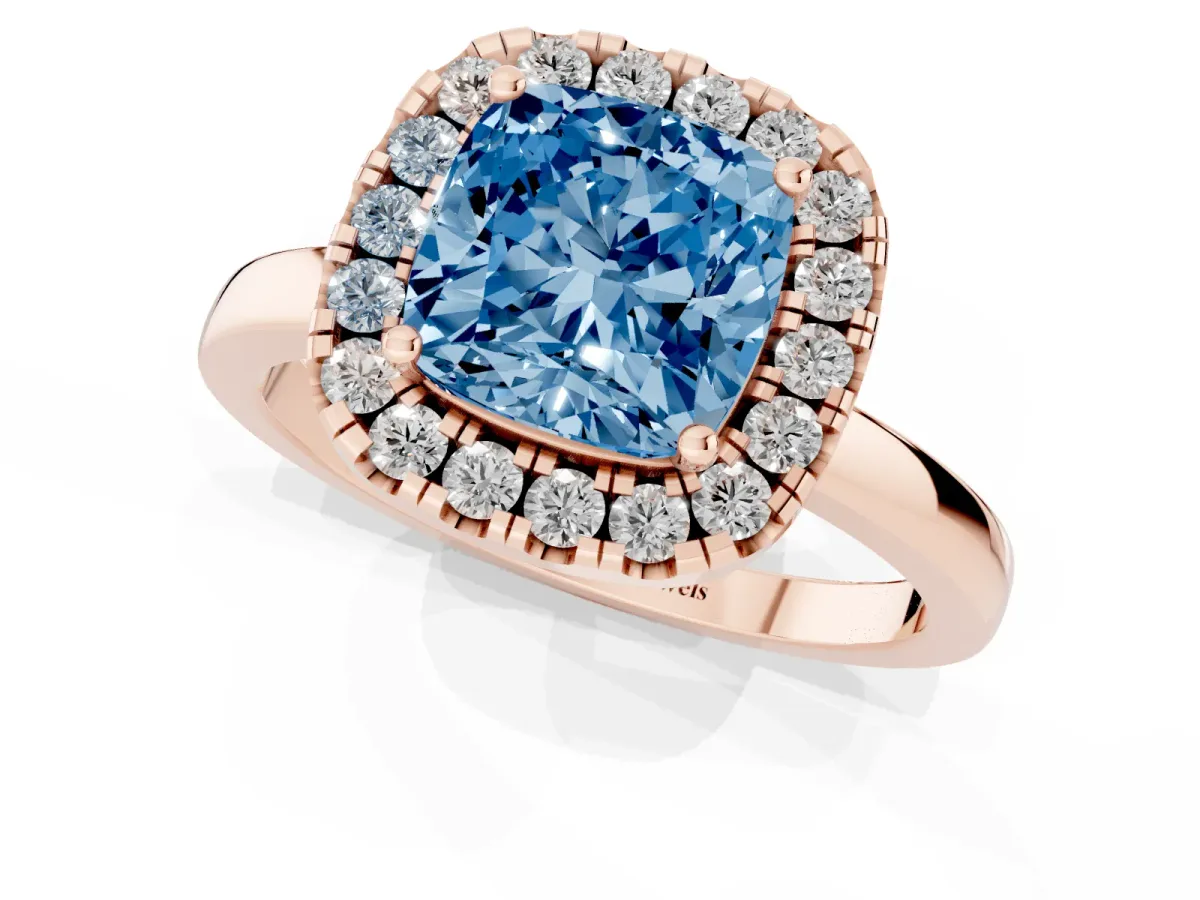 Fancy Blue Cushion Cut Halo Diamond Solitaire with Pavé Band and Four-Prong Setting Rose gold
