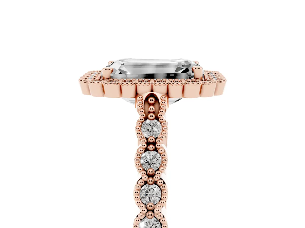 Emerald Cut Cut Halo Pavé Solitaire Ring with Milgrain Band Rose gold