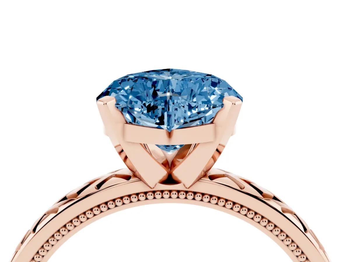 Fancy Blue Heart Cut Solitaire Diamond Ring with Milgrain and Black Enamel X Pattern Band Rose gold