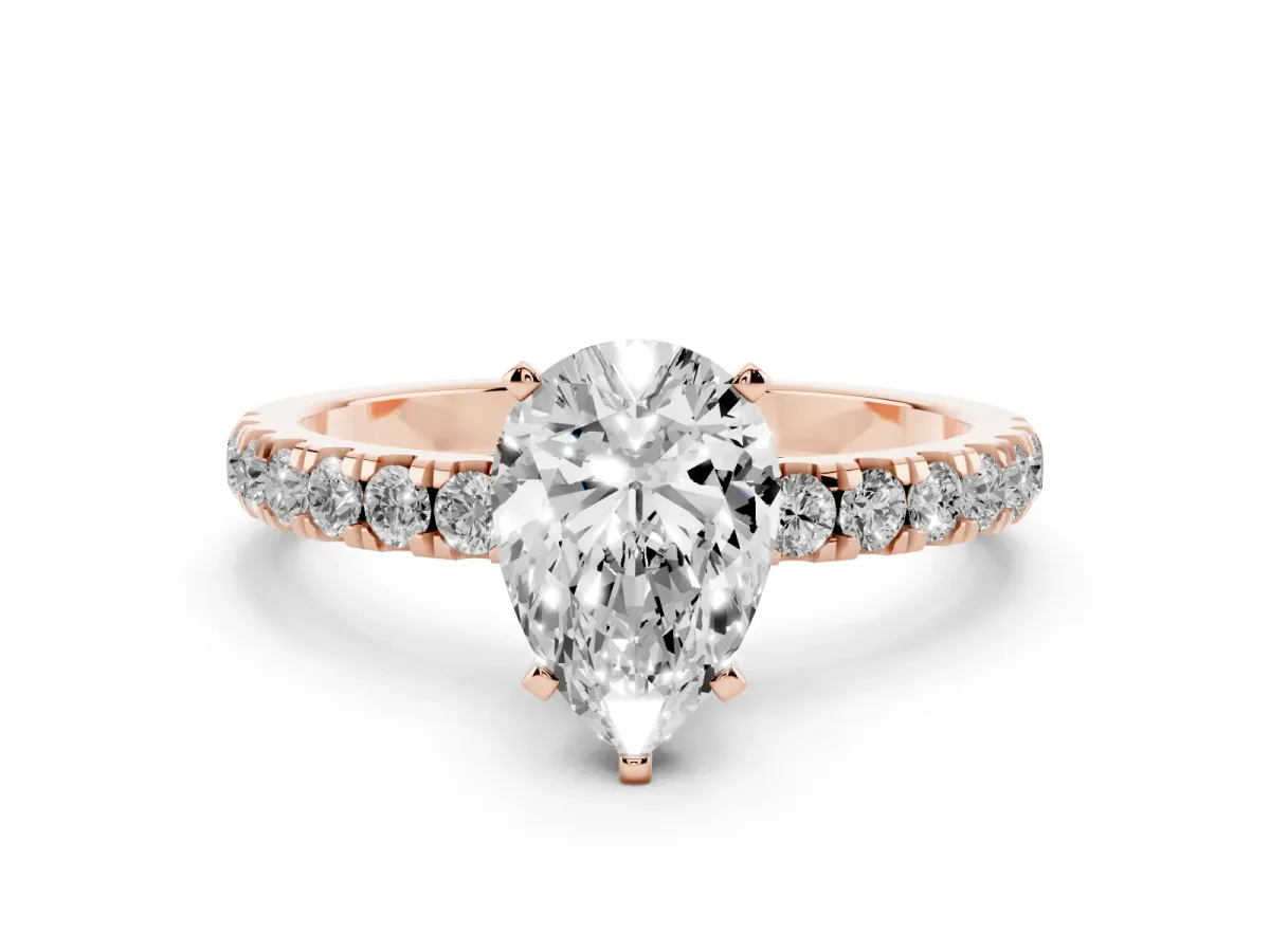 Pear Cut Diamond Solitaire Ring with Pavé Accents and Four-Prong Setting Rose gold