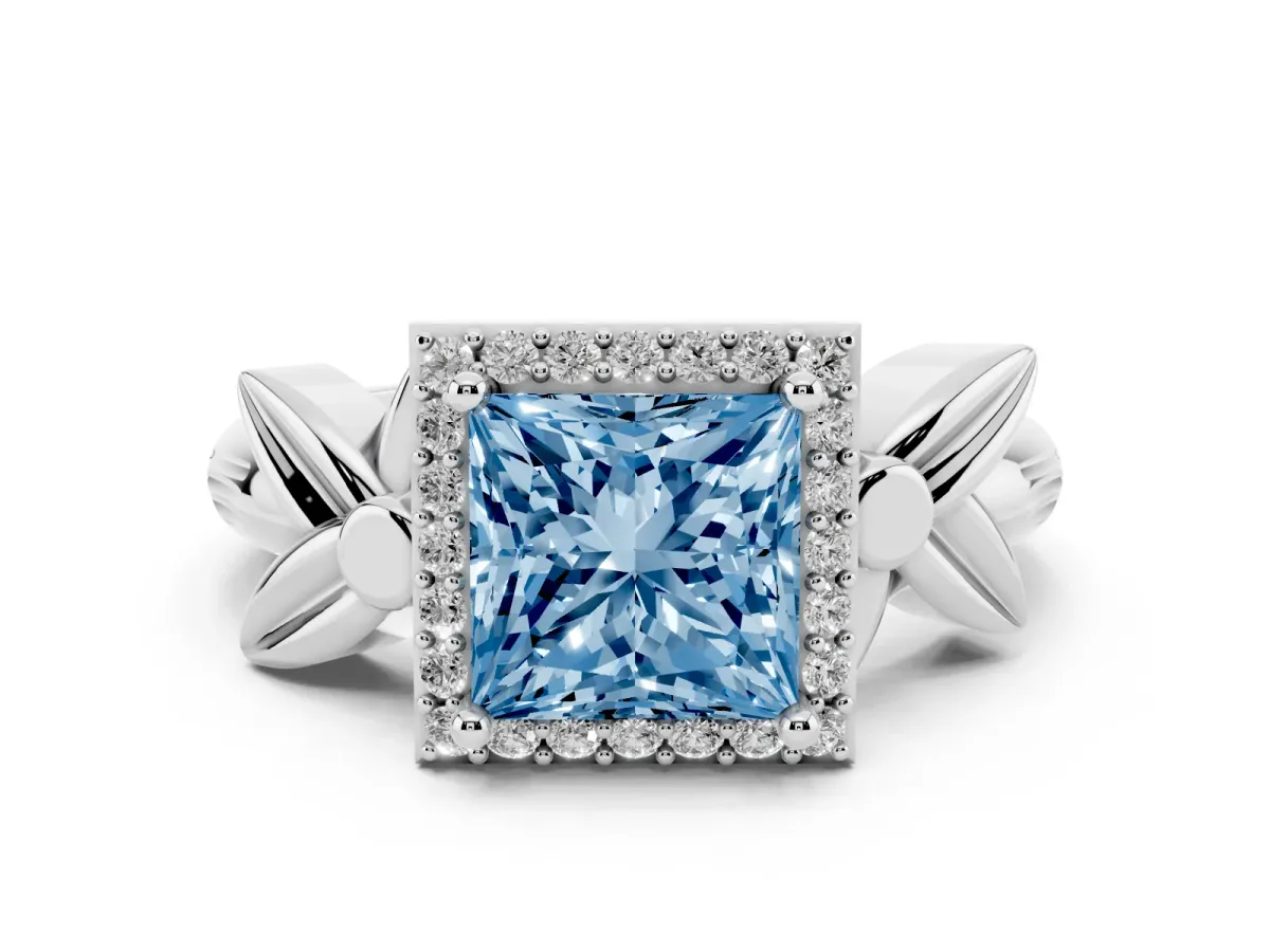 Fancy Blue Princess Cut Halo Diamond Floral Band with Four-Prong Setting Platinum
