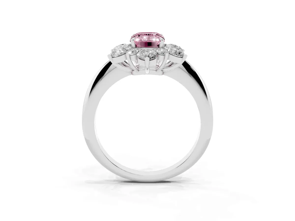 Fancy Pink Emerald Cut Diamond Cluster Halo Ring with Solitaire Band and Four-Prong Setting White gold
