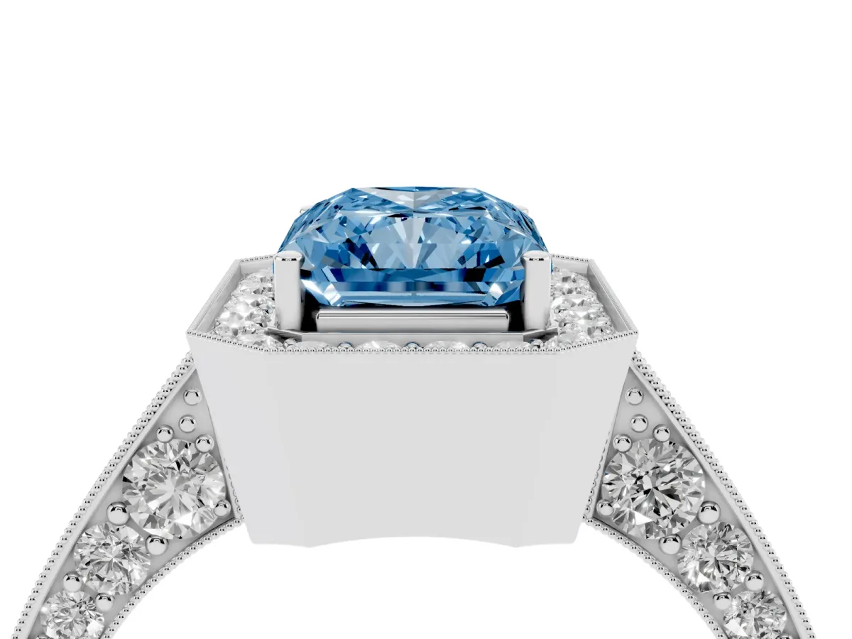 Fancy Blue Radiant Cut Halo Diamond Engagement Ring with Split Shank Band and Four-Prong Setting Silver