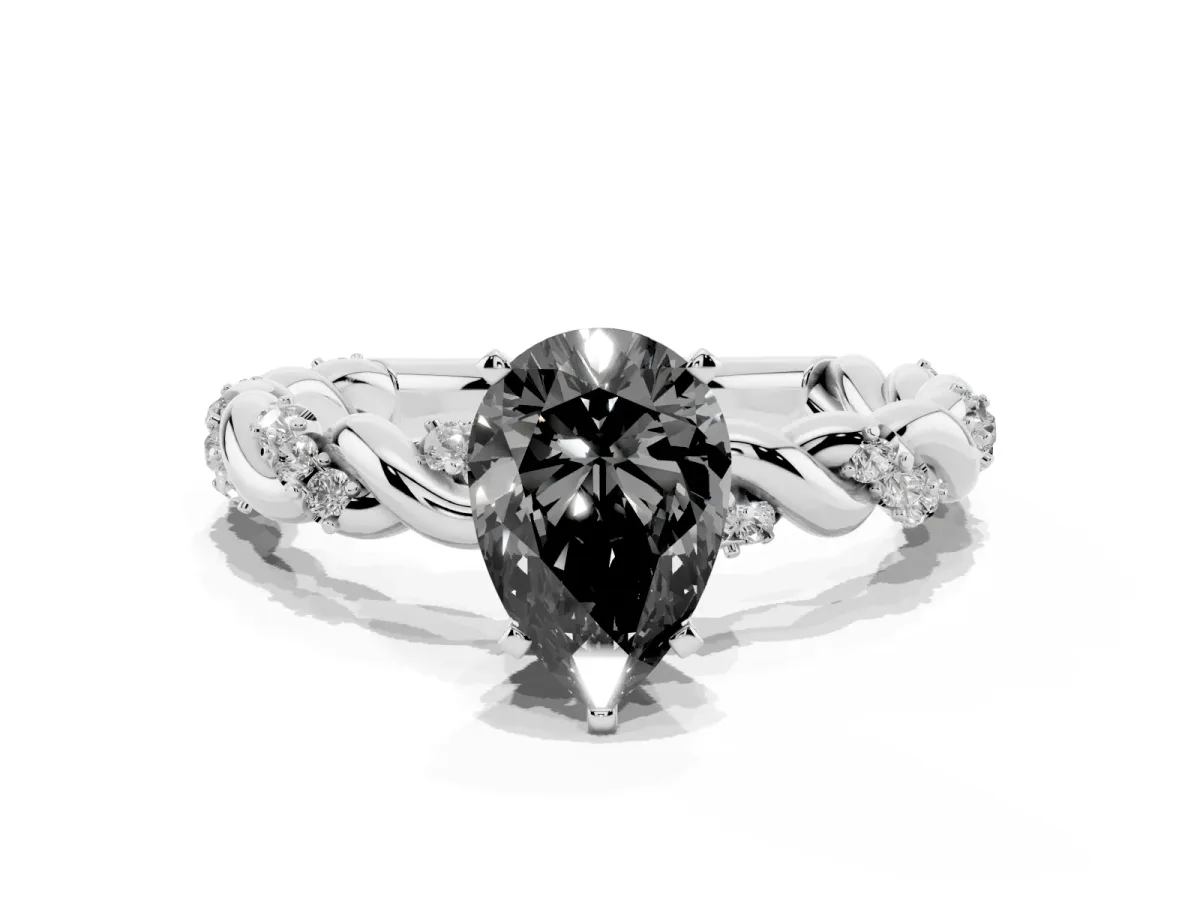 Fancy Black Pear Cut Diamond Solitaire Ring with Twisted Band and Pavé Accents Silver
