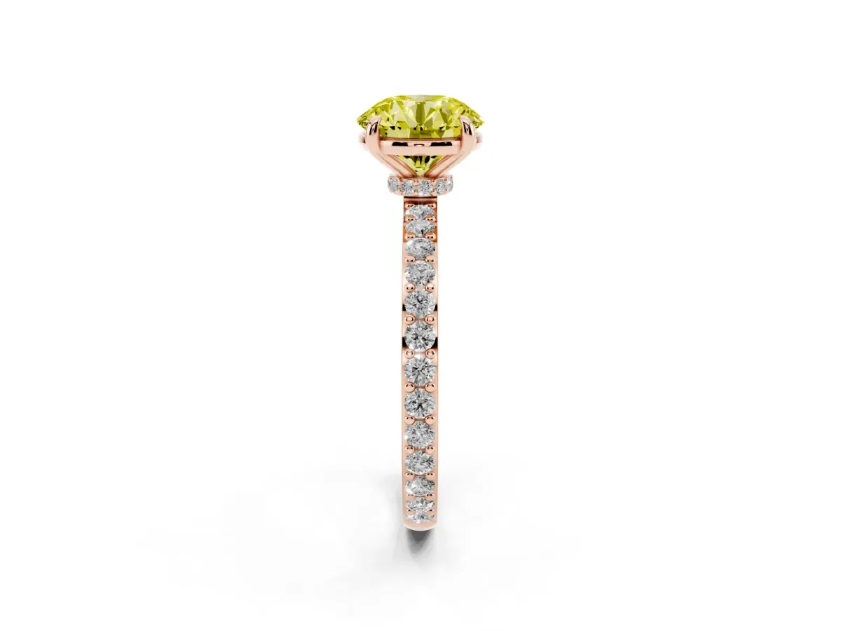 Fancy Yellow Round Cut Diamond Pavé Engagement Ring with Round Accents and Prong Setting Rose gold