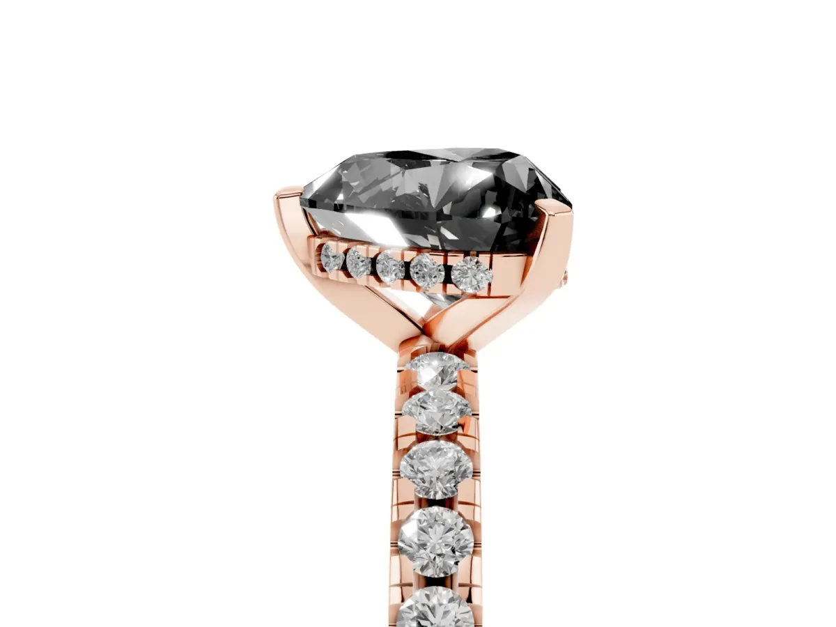 Fancy Black Heart Cut Diamond Solitaire Ring with Round Pavé Band and Four-Prong Setting Rose gold