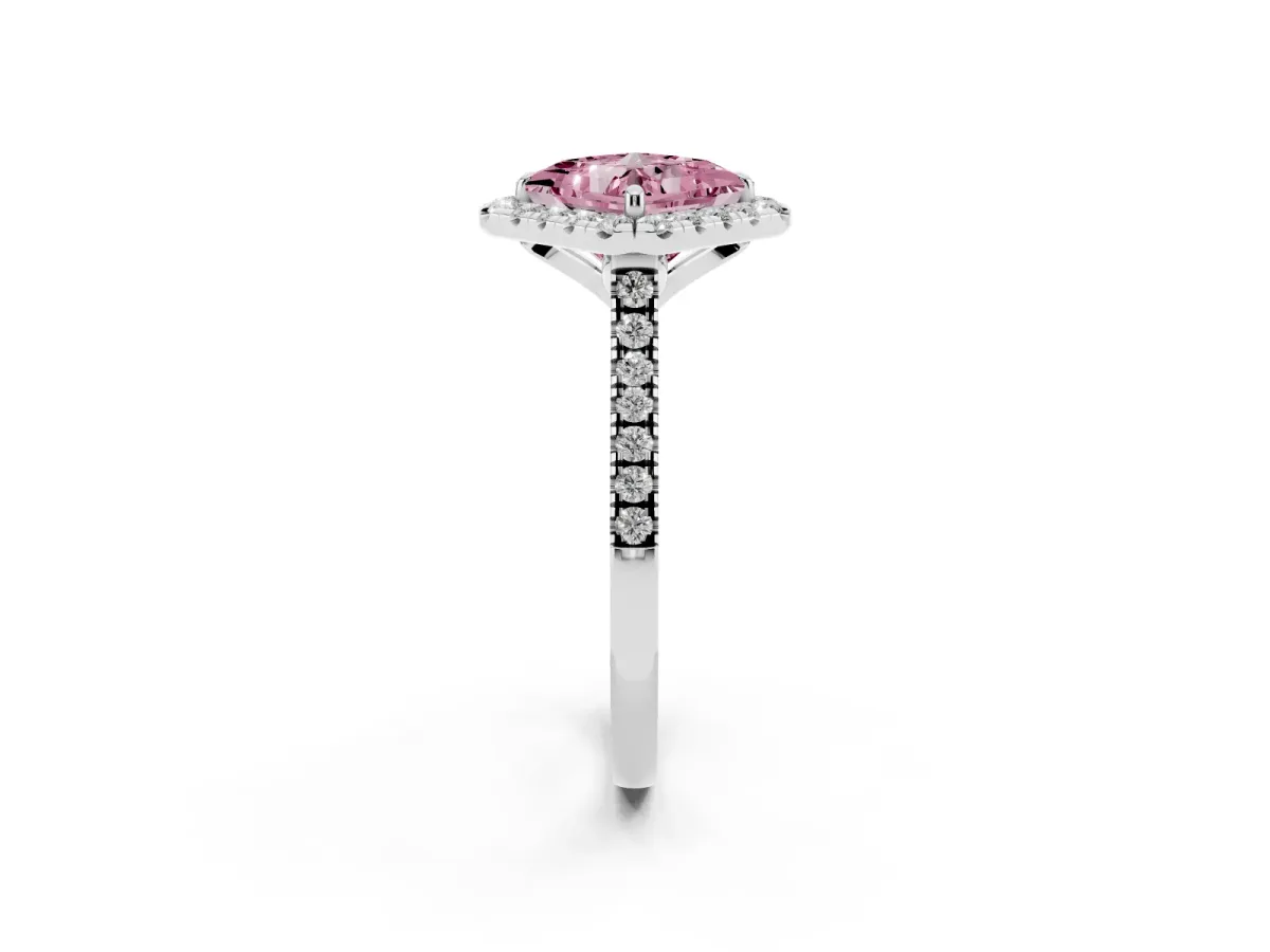Fancy Pink Princess Cut Diamond Cushion Halo Ring with Pavé Band White gold