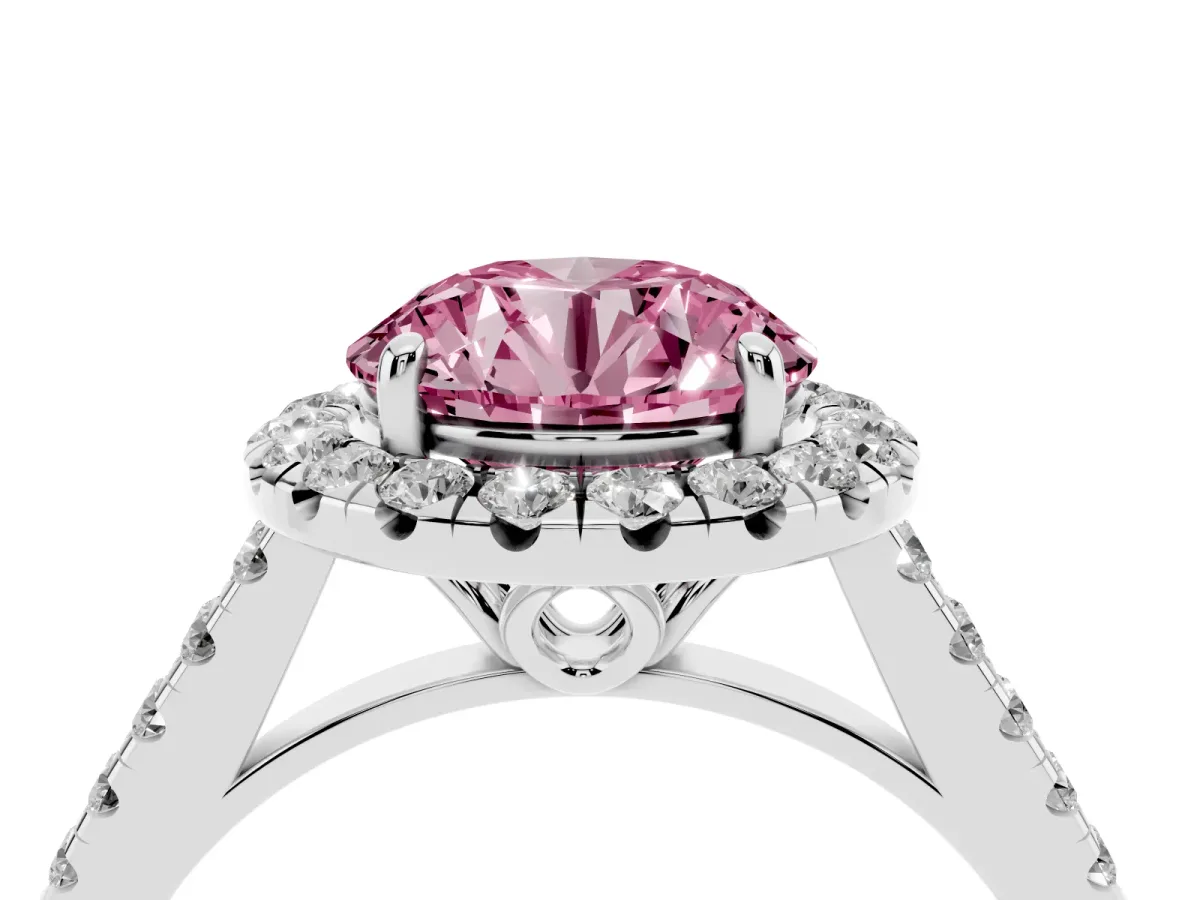 Fancy Pink Round Cut Halo Pavé Diamond Engagement Ring with Four-Prong Setting Silver