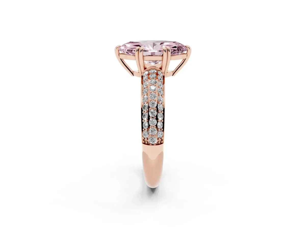 Fancy Pink Marquise Cut Diamond Solitaire Ring with Multi-Row Round Pavé Band and Prong Setting Rose gold