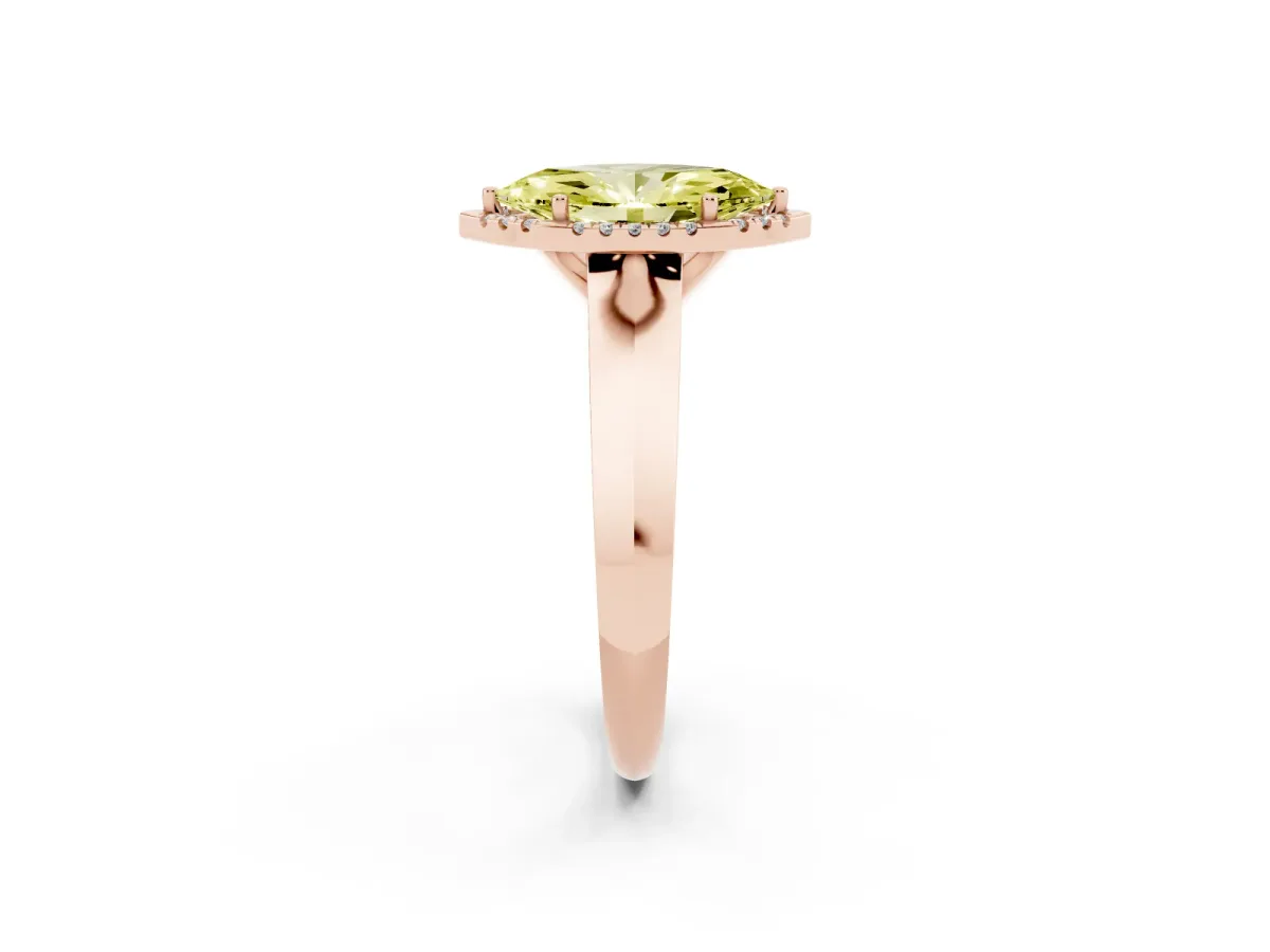 Fancy Yellow Marquise Cut Halo Diamond Ring with Cathedral Band and Four-Prong Setting Rose gold