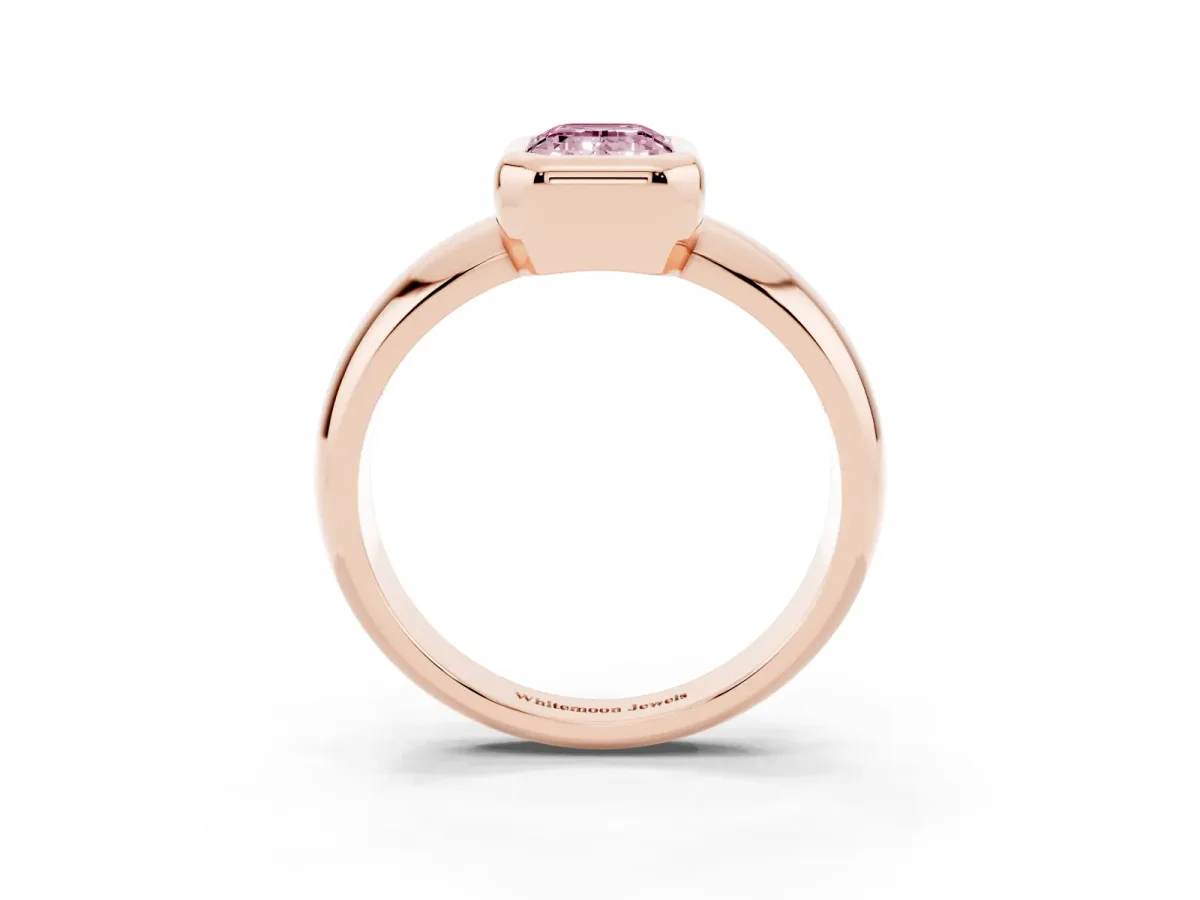 Fancy Pink Bezel Set Emerald Cut Solitaire Ring with Wide Band Rose gold