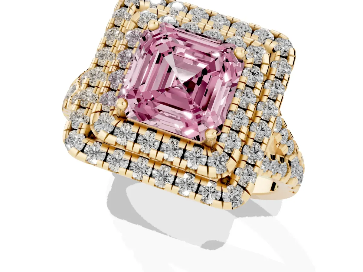 Fancy Pink Double Halo Asscher Cut Diamond Pavé Split Shank Ring with Prong Setting Yellow gold