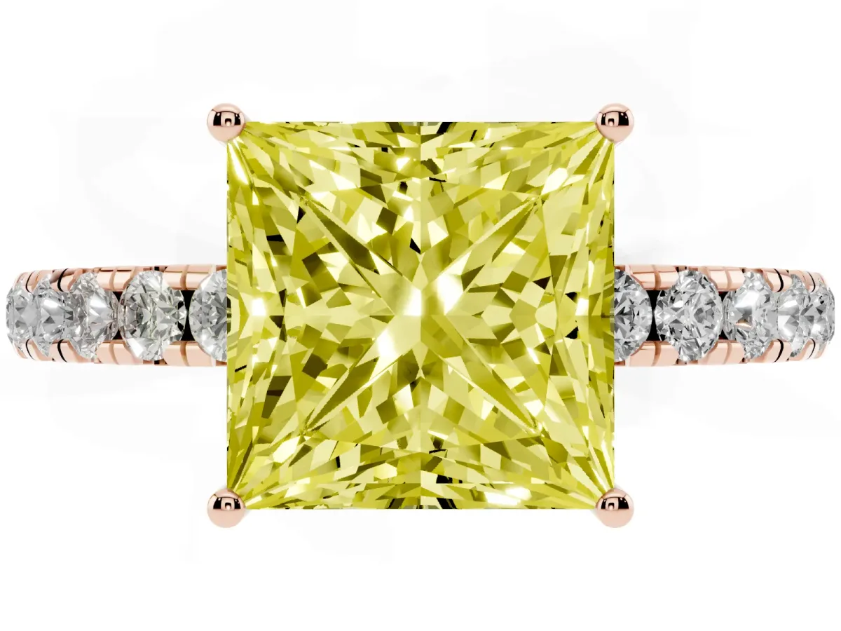 Fancy Yellow Princess Cut Diamond Pavé Solitaire Engagement Ring with Four-Prong Setting Rose gold