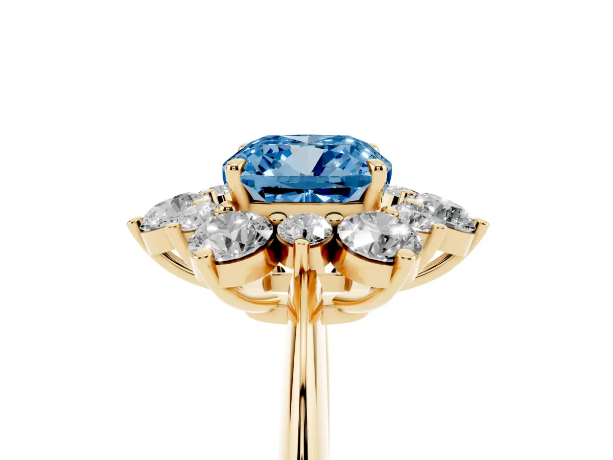Fancy Blue Cushion Cut Diamond Cluster Halo Ring with Solitaire Band and Four-Prong Setting Yellow gold
