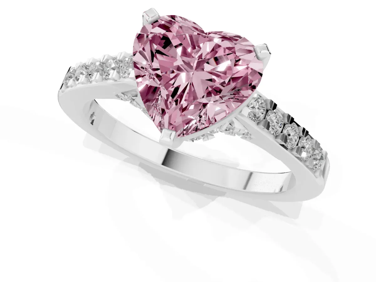 Fancy Pink Heart Cut Diamond Solitaire Ring with Crossover Gallery and Round Pavé Band White gold