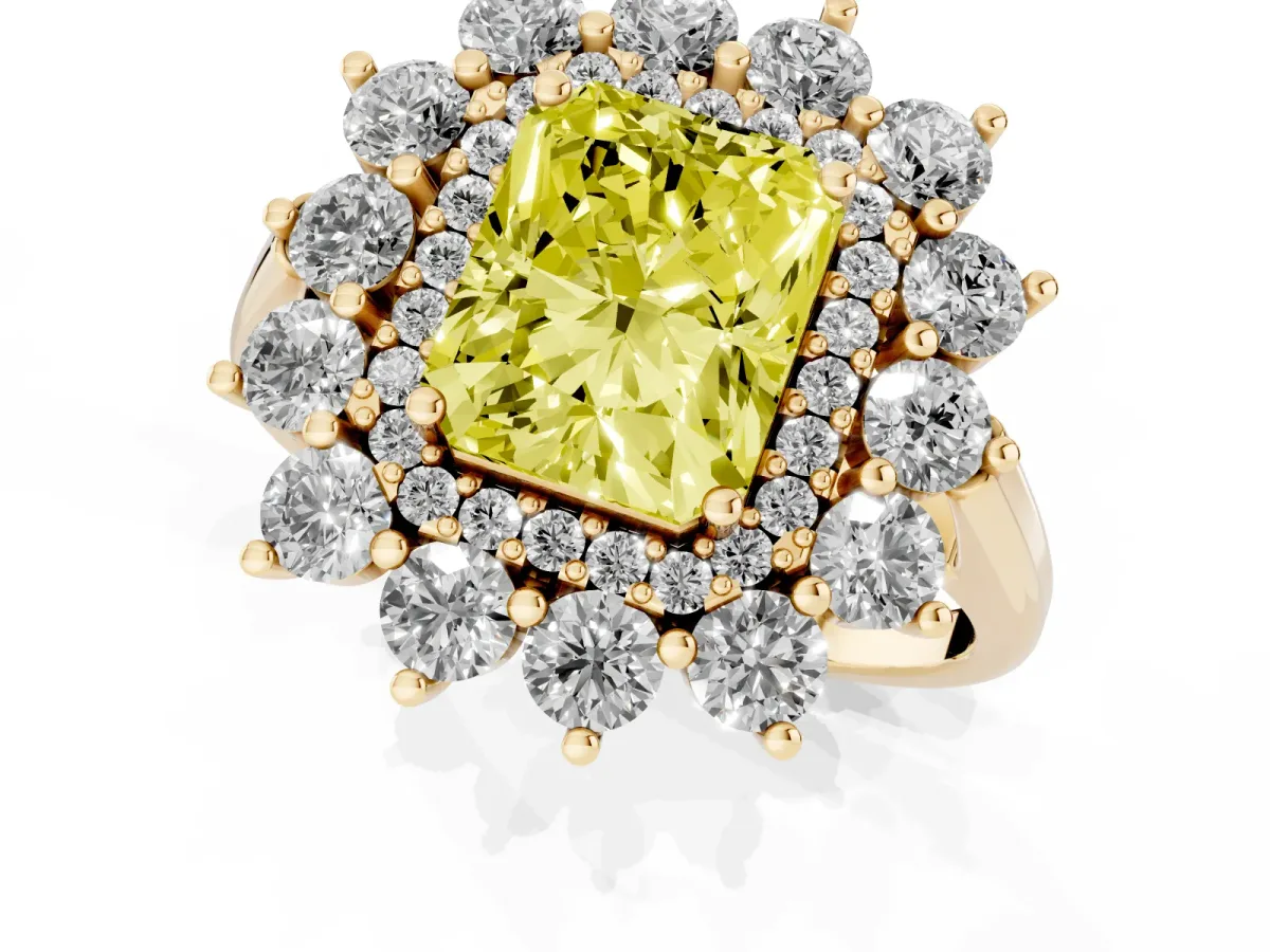Fancy Yellow Radiant Cut Diamond Floral Double Halo Engagement Ring with Prong Setting Yellow gold
