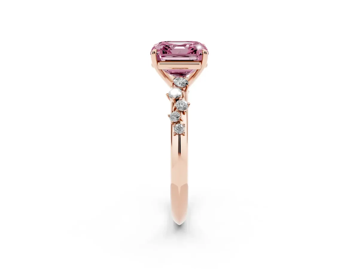 Fancy Pink Asscher Cut Diamond Cluster Side Stone Solitaire Ring with Prong Setting Rose gold