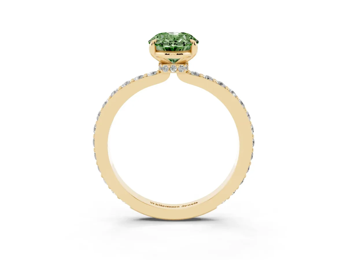 Fancy Green Oval Cut Diamond Pavé Engagement Ring with Round Accents and Prong Setting Yellow gold