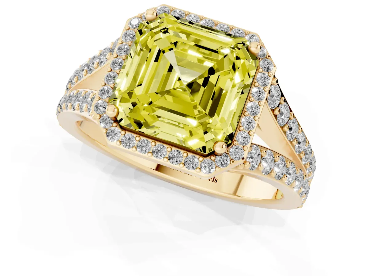 Fancy Yellow Asscher Cut Diamond Split Shank Halo Ring with Four-Prong Setting Yellow gold