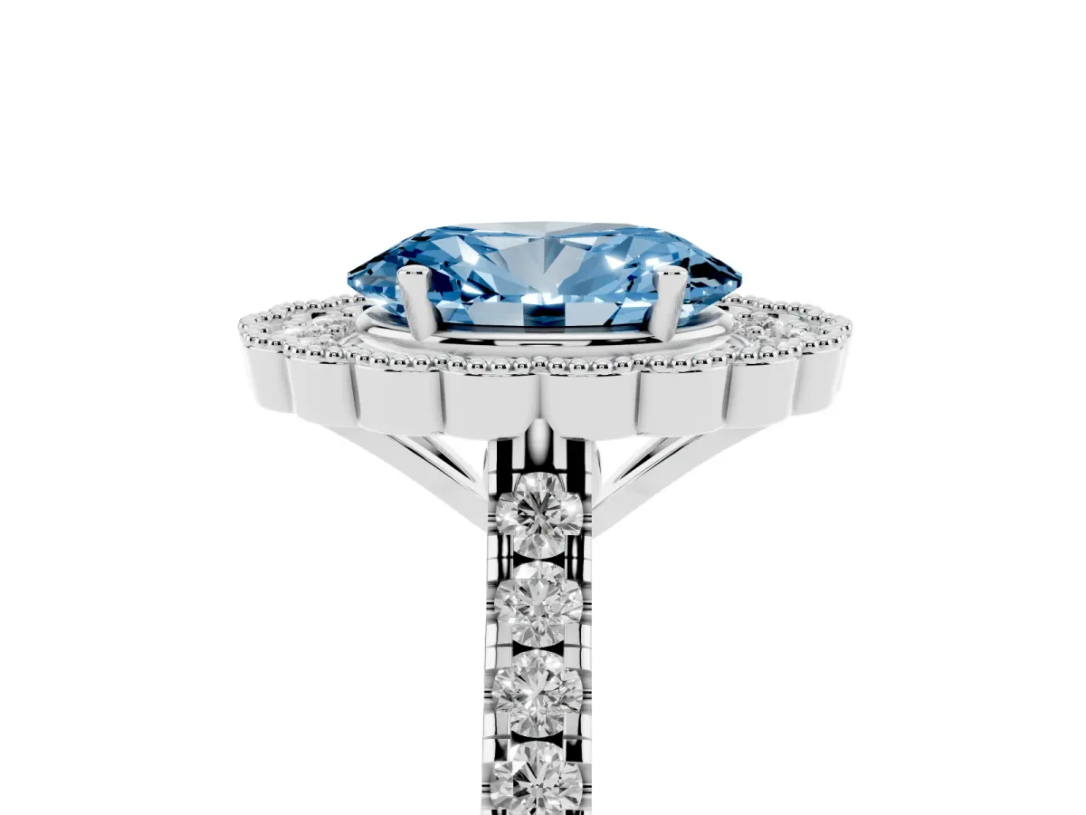 Fancy Blue Oval Cut Cut Diamond Milgrain Floral Halo Engagement Ring with Pavé Band White gold