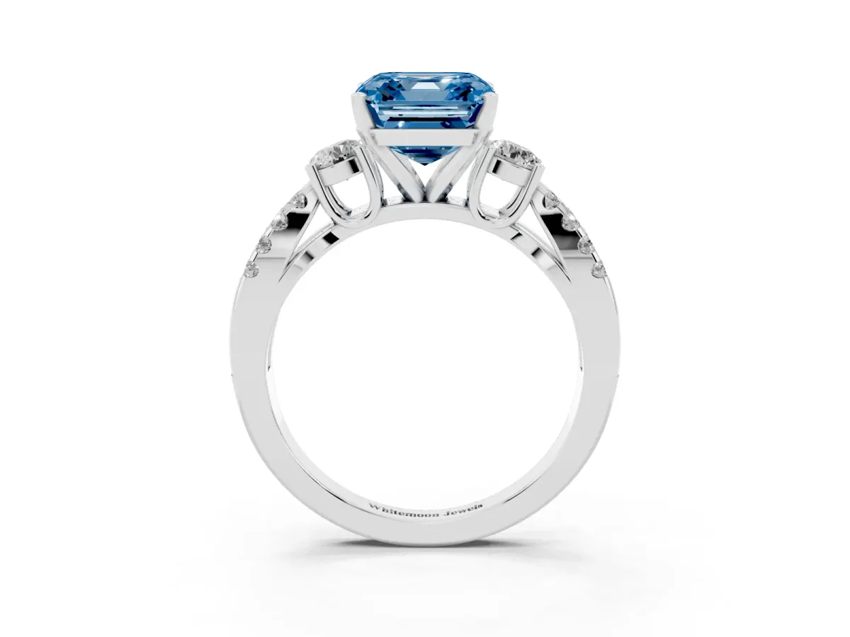 Fancy Blue Asscher Cut Diamond Three-Stone Ring with Pavé Split Shank and Four-Prong Setting Platinum